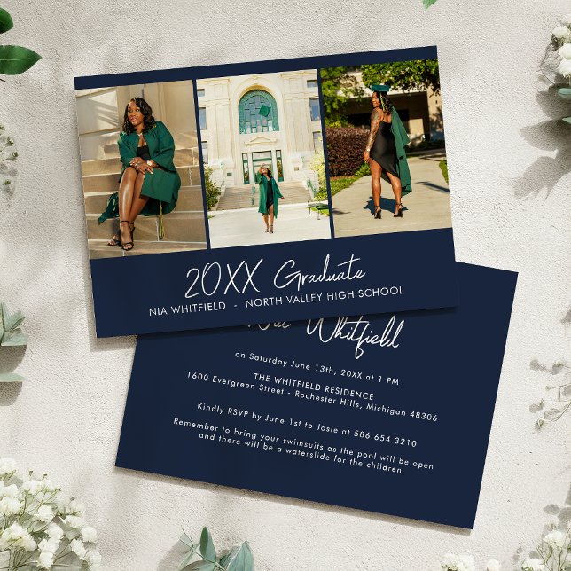 Navy Blue Minimal Photo Collage Graduation Party Invitation (Creator Uploaded)