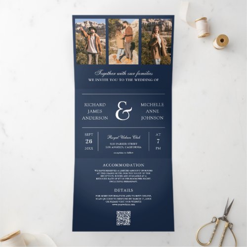 Navy Blue Minimal Photo Collage QR Code Wedding Tri-Fold Invitation