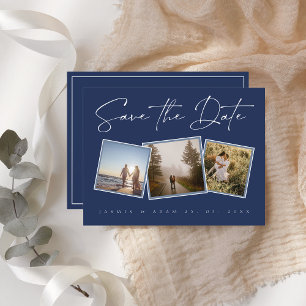 Navy Blue Minimal Photo Collage Wedding Announcement Postcard