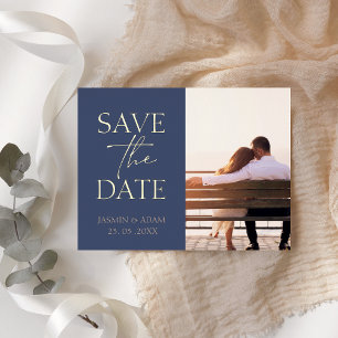 Navy Blue Minimal Photo Save the Date Foil Holiday Postcard