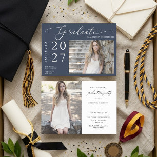 Navy Blue Minimal Script School Graduation Photo Invitation