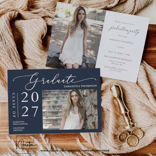 Navy Blue Minimal Script School Graduation Photo Invitation