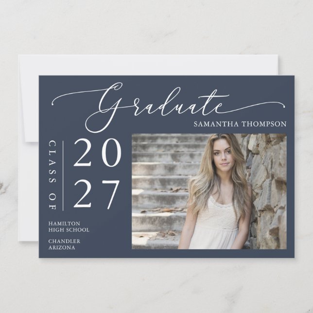 Navy Blue Minimal Script School Graduation Photo Invitation (Front)