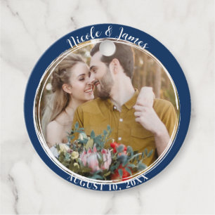 Navy Blue Minimal Trendy Round Photo Wedding  Favor Tags