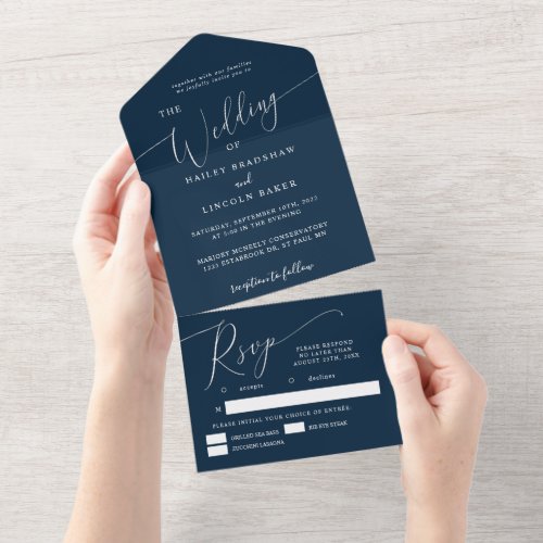 Navy Blue Minimal Wedding Elegant Script  All In One Invitation