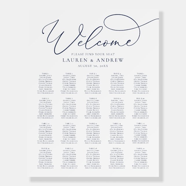 Navy Blue Minimalist 20 Table Seating Chart Foam Board (Front)