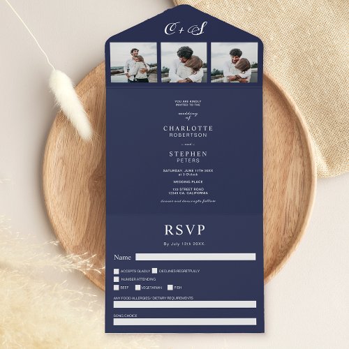 Navy blue minimalist casual initials photo wedding all in one invitation
