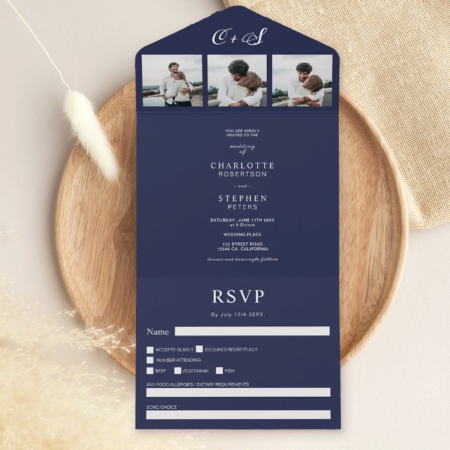 Navy blue minimalist casual initials photo wedding all in one invitation (Creator Uploaded)