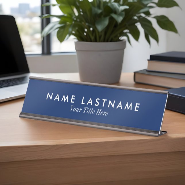 Navy Blue Minimalist Custom Desk Nameplate (With black metal finish)