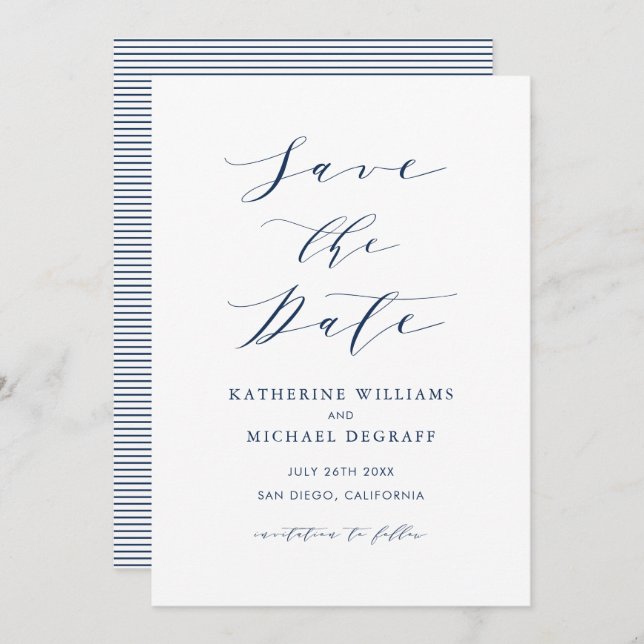 Navy Blue Minimalist Dainty Script Save The Date (Front/Back)