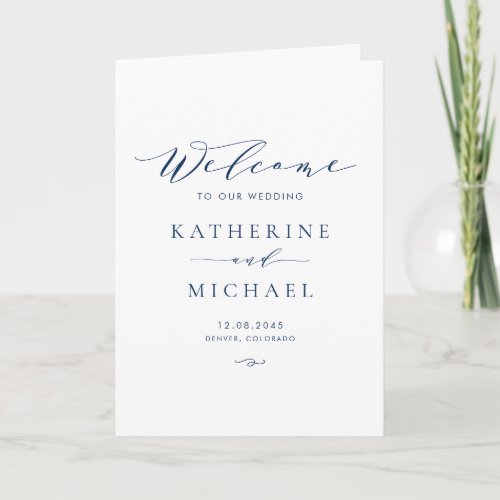 Navy Blue Minimalist Dainty Script Wedding Program