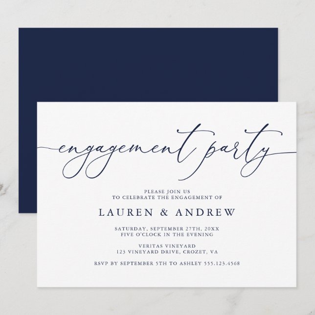 Navy Blue Minimalist Engagement Party Invitation (Front/Back)