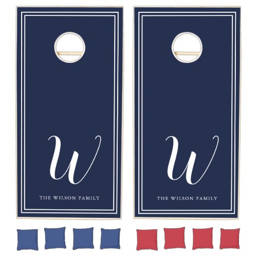 Navy Blue Minimalist Family Initial Wedding Cornhole Set