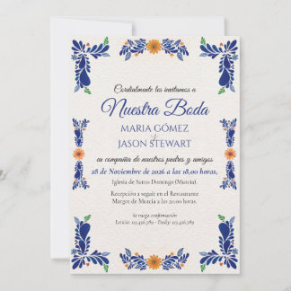 Navy Blue Minimalist Floral Classy Spanish Wedding Invitation