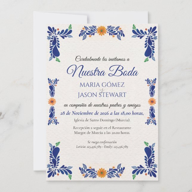Navy Blue Minimalist Floral Classy Spanish Wedding Invitation (Front)