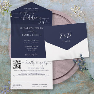 Navy Blue Minimalist Heart Script QR Code Wedding All In One Invitation