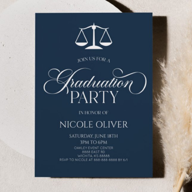 Navy Blue Minimalist Lawyer Scale Graduation Invitation (Creator Uploaded)