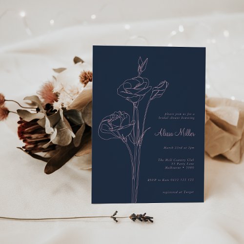 Navy Blue Minimalist Line Floral Bridal Shower Invitation