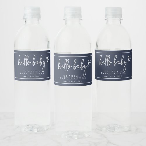 Navy Blue Minimalist Modern Boho Baby Shower  Water Bottle Label