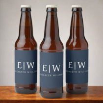 Navy Blue Minimalist Modern Monogram Elegant Beer Bottle Label