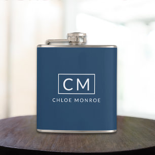Navy Blue Minimalist Modern Monogram Name Flask