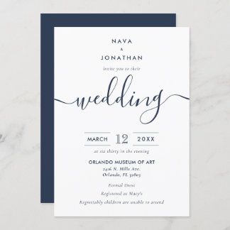 Navy Blue Minimalist Modern Script Wedding Invitation