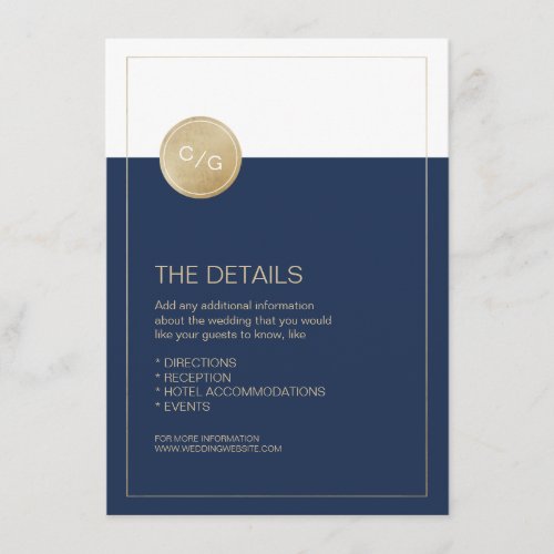 Navy blue minimalist modern wedding details card