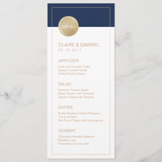 Navy blue minimalist modern wedding menu (Front)