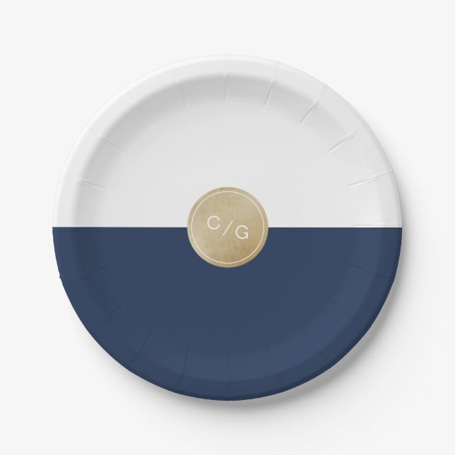 Navy blue minimalist modern wedding monogram paper plates (Front)