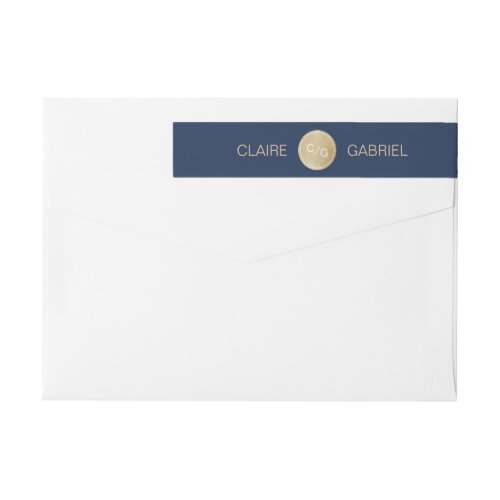 Navy blue minimalist modern wedding monogram wrap around label