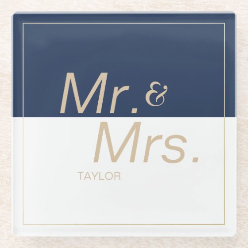 Navy blue minimalist modern wedding mr  mrs glass coaster