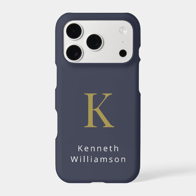 Navy Blue Minimalist Monogram Gold White Name Men  iPhone Case (Back)