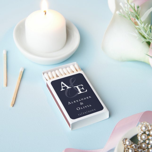 Navy Blue Minimalist Monogram Wedding Matchboxes (Insitu)