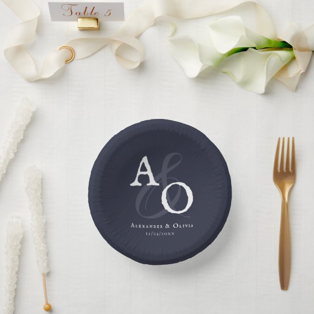 Navy Blue Minimalist Monogram Wedding Paper Bowls (Wedding)