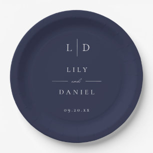 Navy Blue Minimalist Monogram Wedding Paper Plates