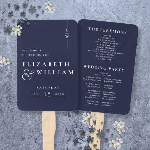 Navy Blue Minimalist Monogram Wedding Program Hand Fan