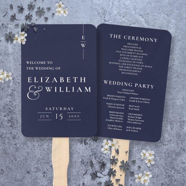 Navy Blue Minimalist Monogram Wedding Program Hand Fan (Navy Blue Minimalist Monogram Wedding Program Hand Fan)