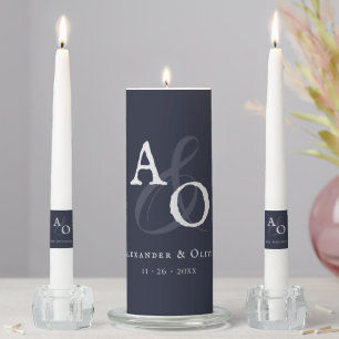 Navy Blue Minimalist Monogram Wedding Unity Candle Set