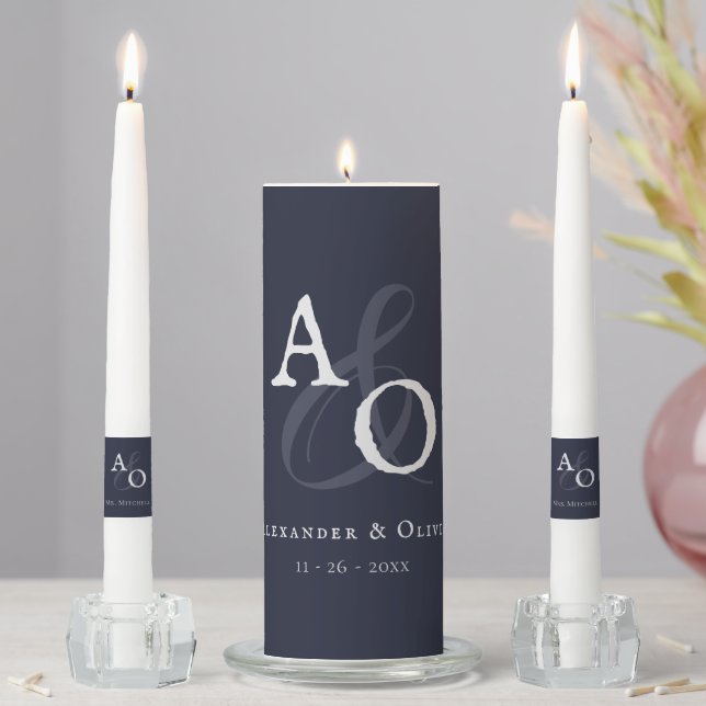Navy Blue Minimalist Monogram Wedding Unity Candle Set (In Situ)