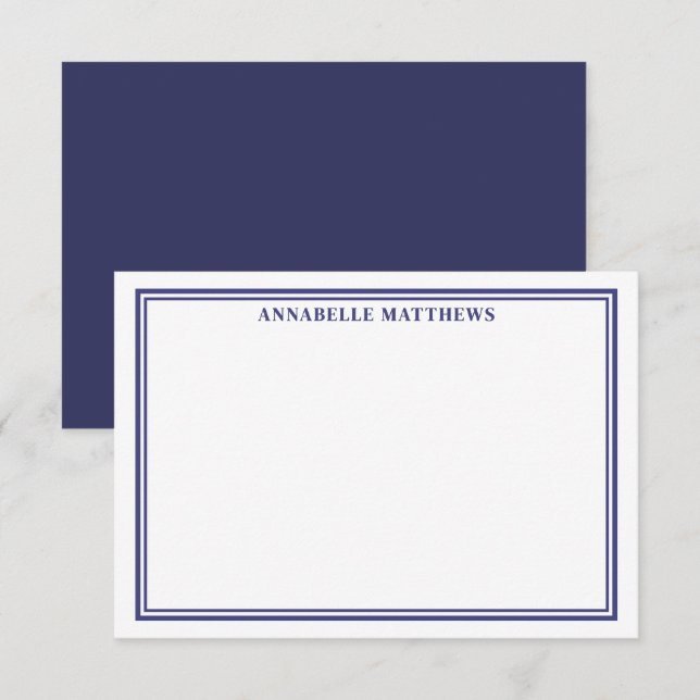 Navy Blue Minimalist Name Monogram Note Card (Front/Back)