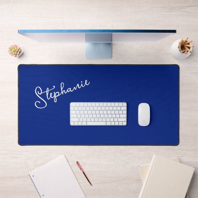 Navy Blue Minimalist Personalized Script Name  Desk Mat (Office 1)