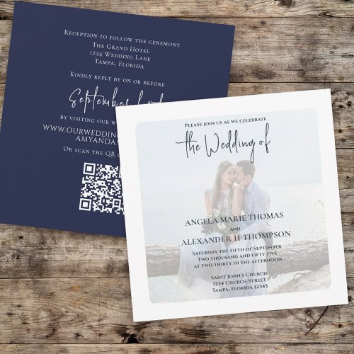 Navy Blue Minimalist Photo Elegant Wedding Invitation