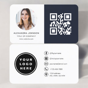 Navy Blue Minimalist Photo QR Code Social Media Business Card