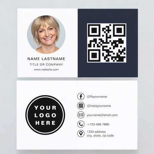 Navy Blue Minimalist Photo QR Code Social Media Business Card