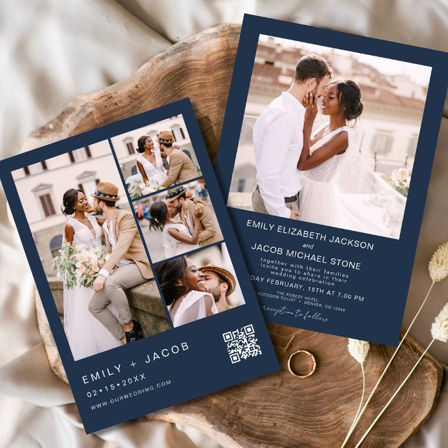 Navy Blue Minimalist Photo QR code White Wedding Invitation (Creator Uploaded)