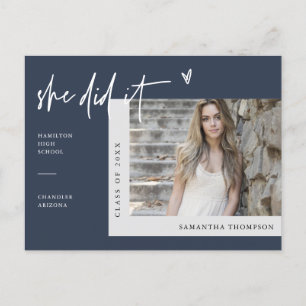 Navy Blue Minimalist Photo She Did It Graduation P Postcard