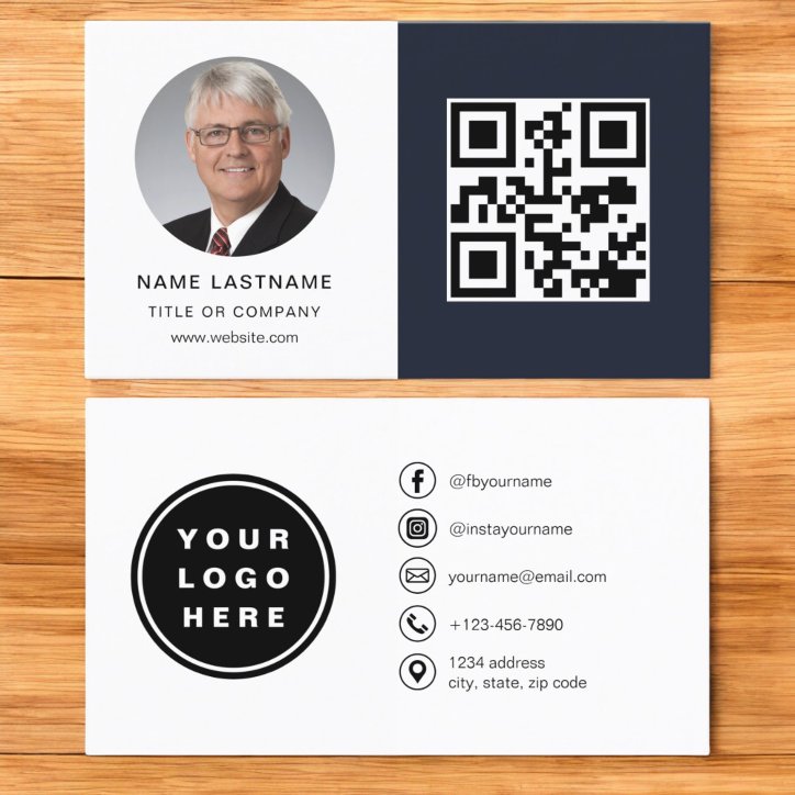 Navy Blue Minimalist Photoqr Code Social Media Business Card