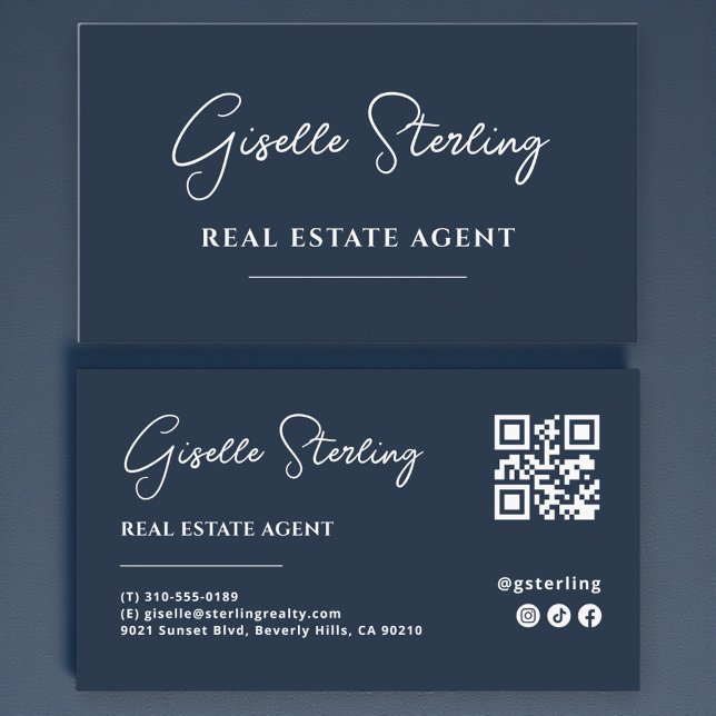Navy Blue Minimalist Real Estate Agent QR Code Business Card (Creator Uploaded)