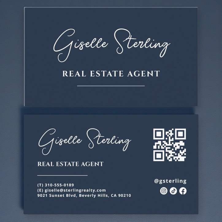 Navy Blue Minimalist Real Estate Agent QR Code Business Card