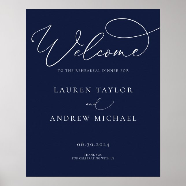 Navy Blue Minimalist Rehearsal Dinner Sign (Front)
